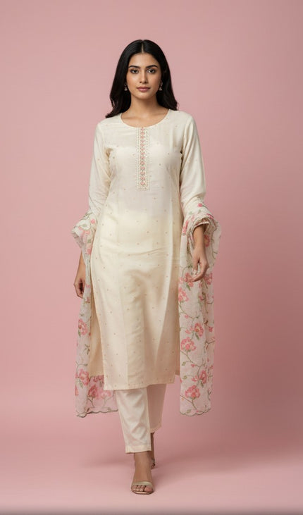 Cream Silk  Straight Cut Kurti with Floral Panel Work|SC9