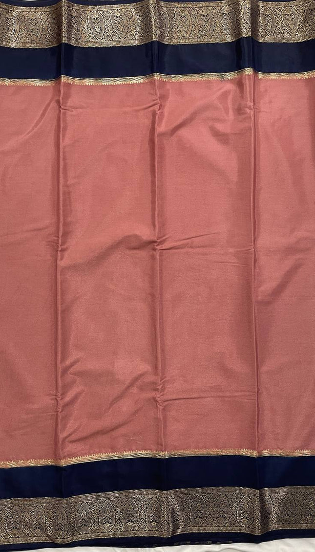 Dusty Rose & Navy Blue Big Border Semi Mysore Silk Saree|S19_4