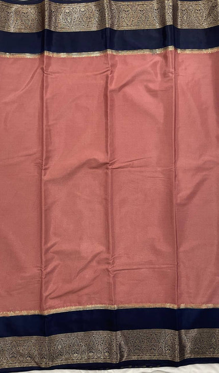 Dusty Rose & Navy Blue Big Border Semi Mysore Silk Saree|S19_4