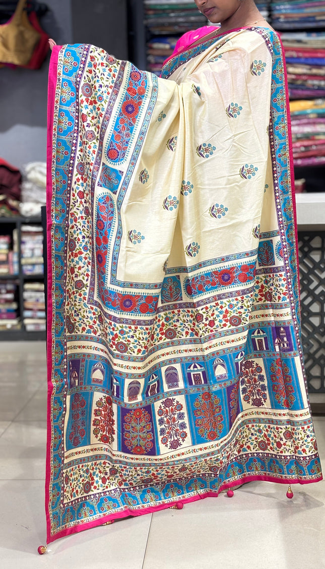 Cream  Dolla Silk Designer Saree with Digital Print & Broad Border |DS32_3