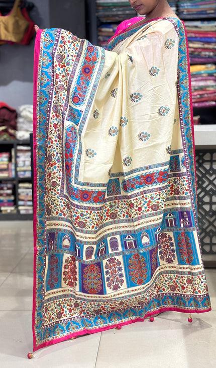 Cream  Dolla Silk Designer Saree with Digital Print & Broad Border |DS32_3
