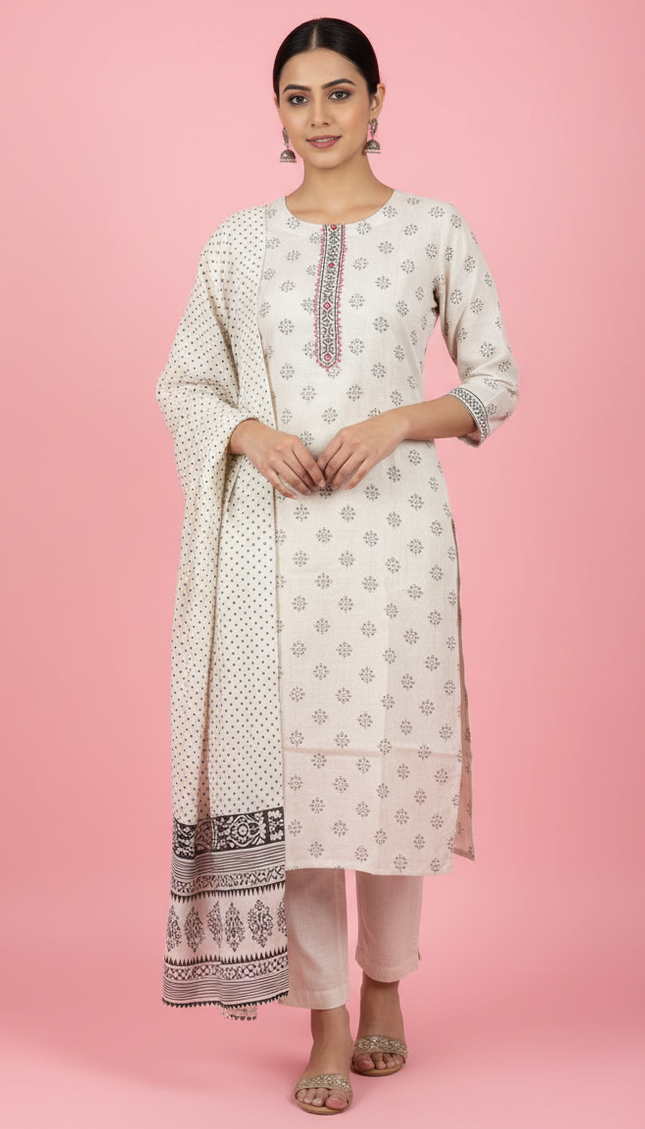 Off White Cotton Linen Straight Cut Kurti with Thread Work Panel|SC4
