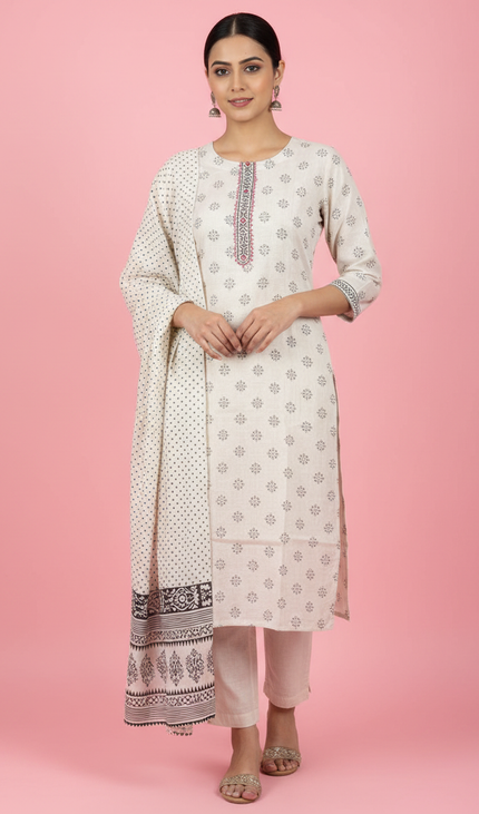 Off White Cotton Linen Straight Cut Kurti with Thread Work Panel|SC4