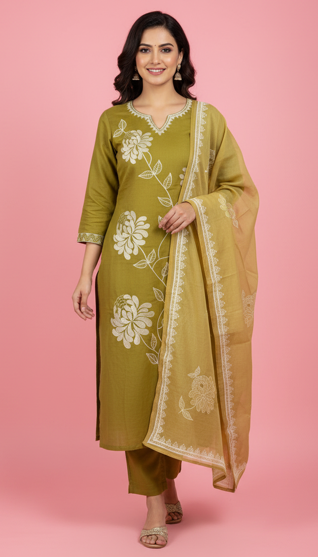 Olive Green  Linen jute Straight Cut with Floral Thread Design|SC6