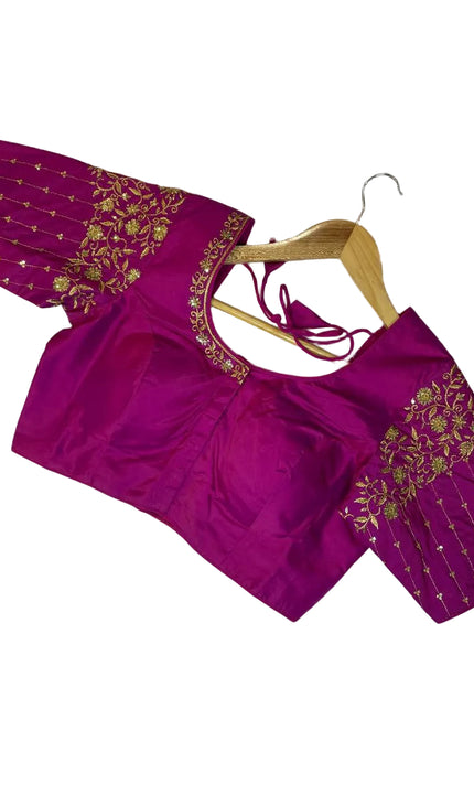 Rani pink embroidery blouse with sleeves free size upto 42| B4