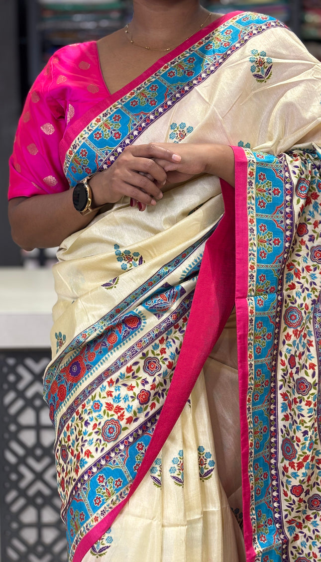 Cream  Dolla Silk Designer Saree with Digital Print & Broad Border |DS32_3
