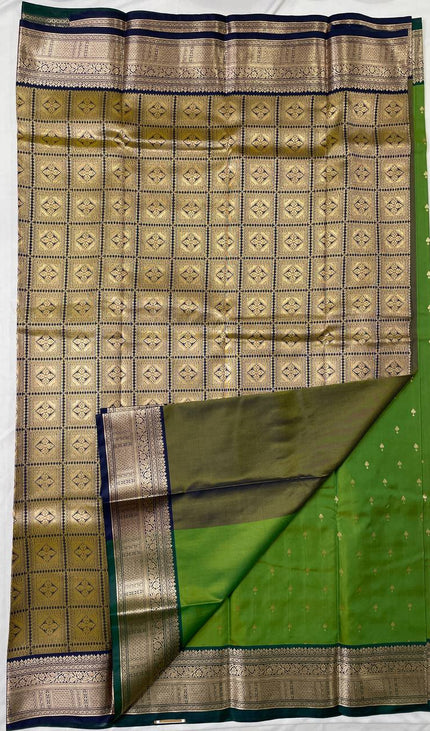 Semi Kanjivaram Silk Saree –Green with Teal Zari Border|S12_3