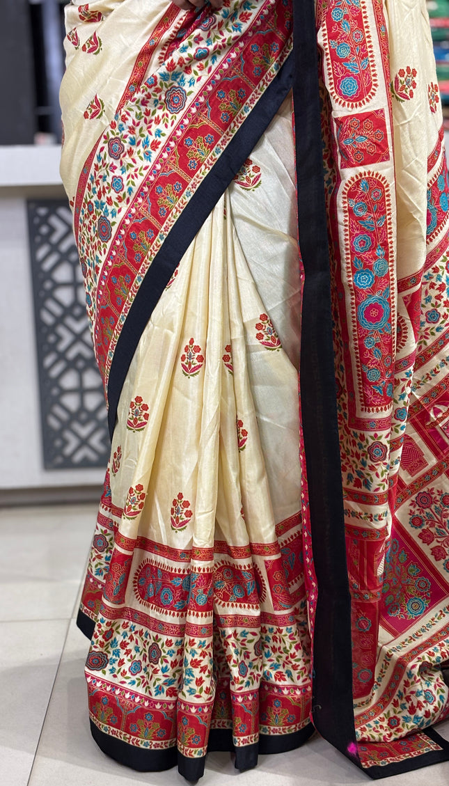 White Silk Designer Saree with  Digital Print & Red Border |DS32_1