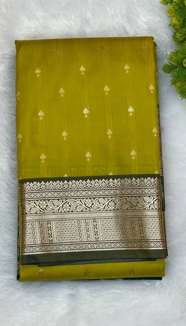 Semi Kanjivaram Silk Saree –  yellow olive with Antique Grey Zari Border|S12_6
