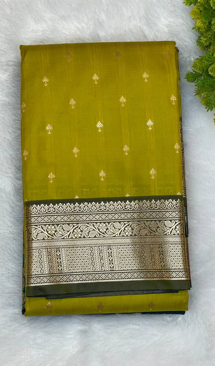 Semi Kanjivaram Silk Saree –  yellow olive with Antique Grey Zari Border|S12_6