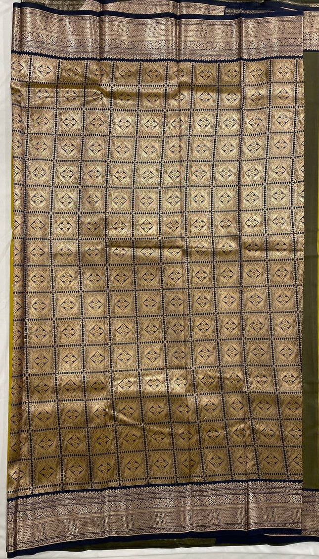 Semi Kanjivaram Silk Saree –  yellow olive with Antique Grey Zari Border|S12_6