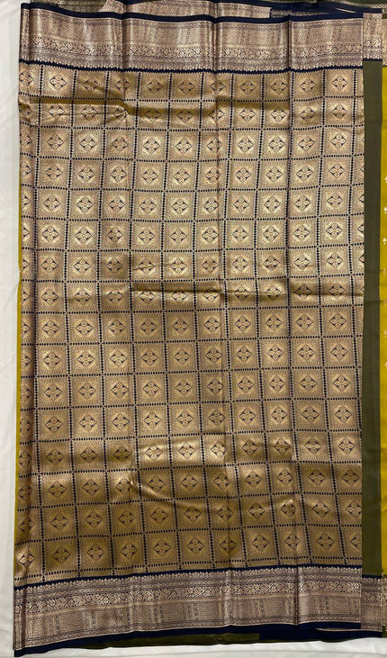 Semi Kanjivaram Silk Saree –  yellow olive with Antique Grey Zari Border|S12_6