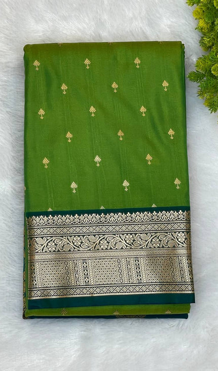 Semi Kanjivaram Silk Saree –Green with Teal Zari Border|S12_3