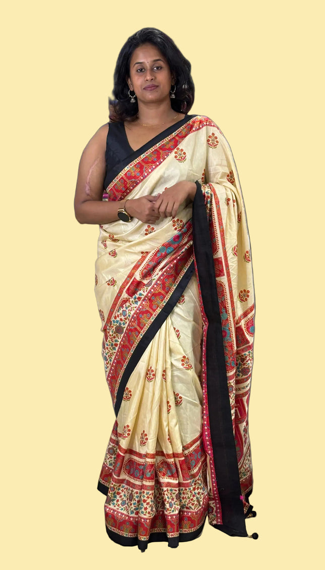 White Silk Designer Saree with  Digital Print & Red Border |DS32_1