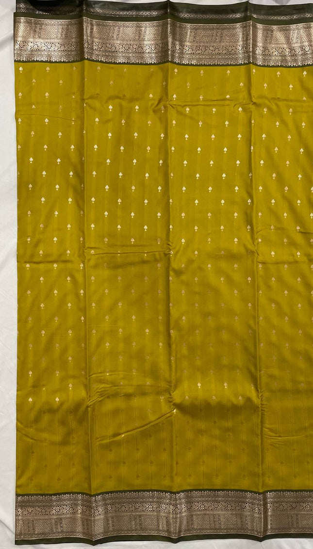 Semi Kanjivaram Silk Saree –  yellow olive with Antique Grey Zari Border|S12_6