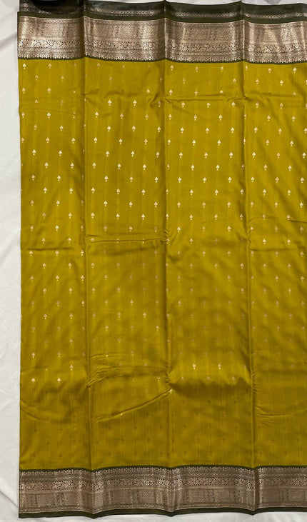 Semi Kanjivaram Silk Saree –  yellow olive with Antique Grey Zari Border|S12_6