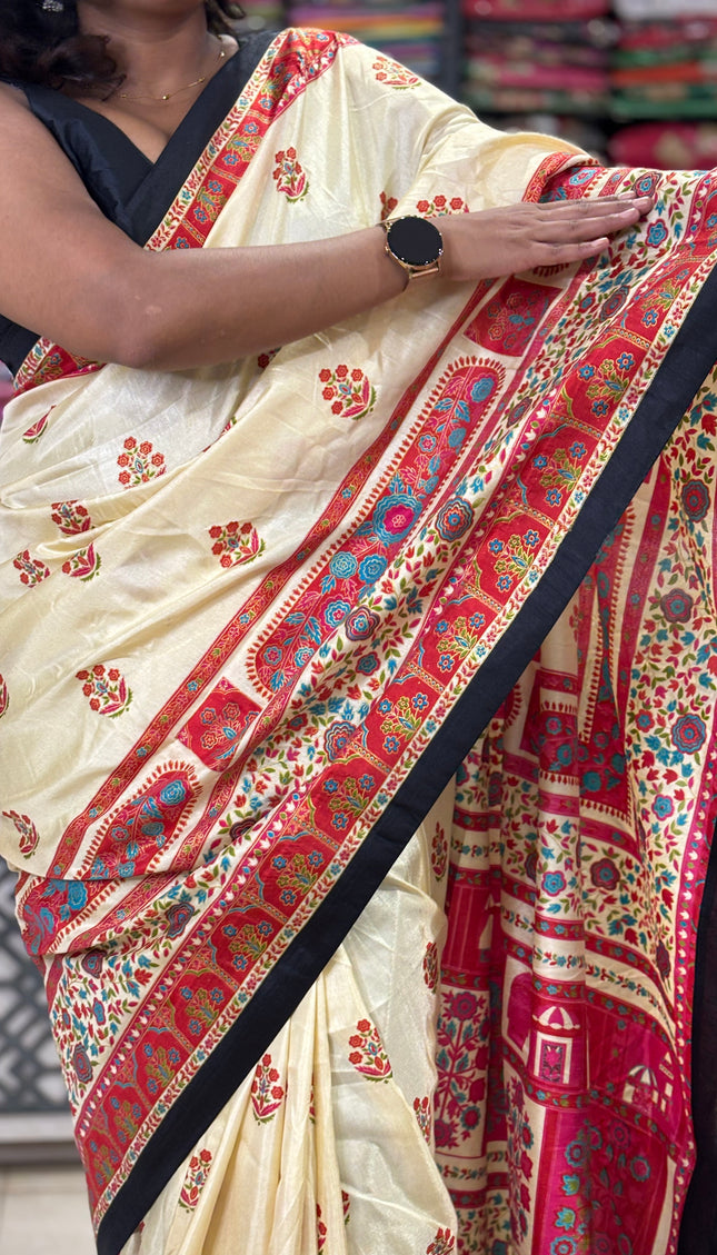 White Silk Designer Saree with  Digital Print & Red Border |DS32_1