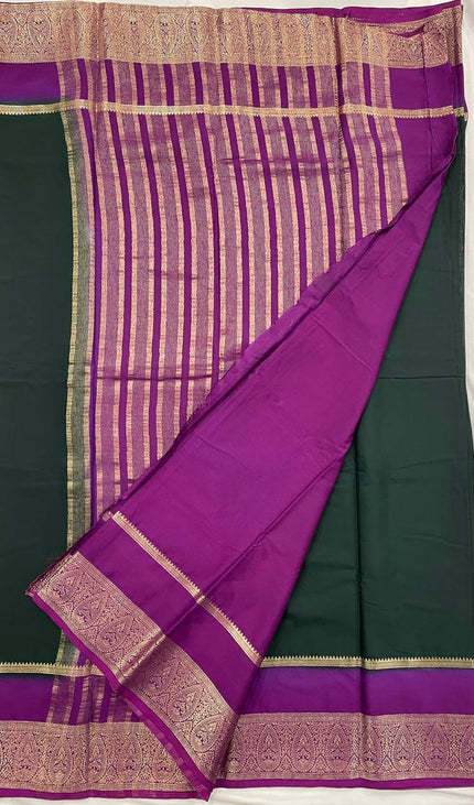 Bottle Green & Purple Big Border Semi Mysore Silk Saree| S19_1