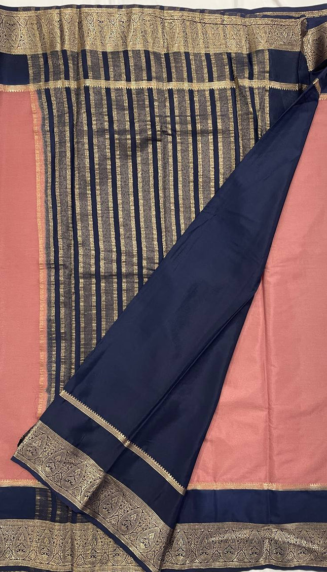 Dusty Rose & Navy Blue Big Border Semi Mysore Silk Saree|S19_4