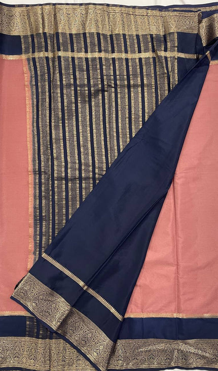Dusty Rose & Navy Blue Big Border Semi Mysore Silk Saree|S19_4