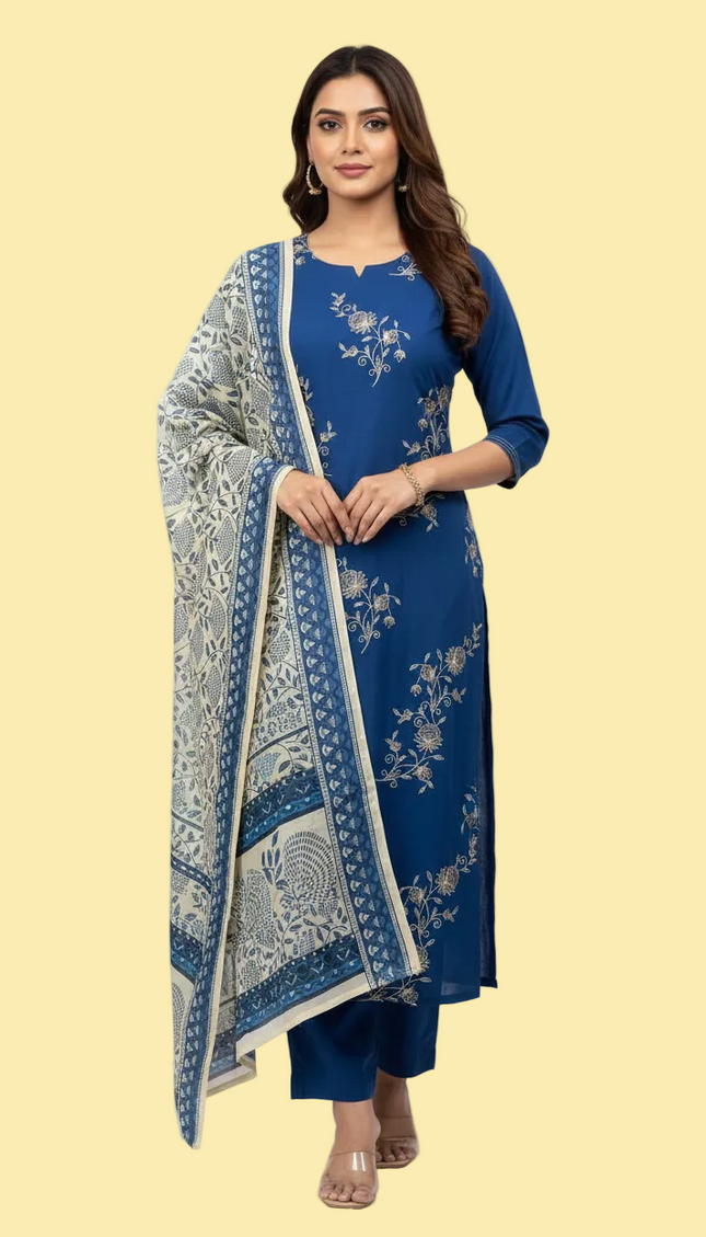Blue All-Over Floral Embroidered Kurta Set with Printed Dupatta |SC17_1