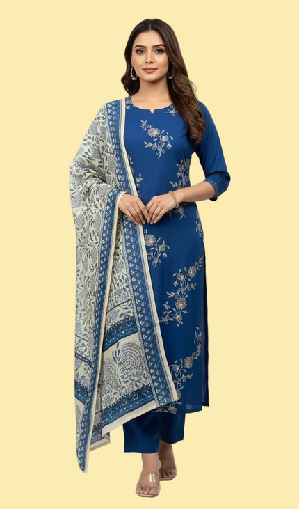 Blue All-Over Floral Embroidered Kurta Set with Printed Dupatta |SC17_1