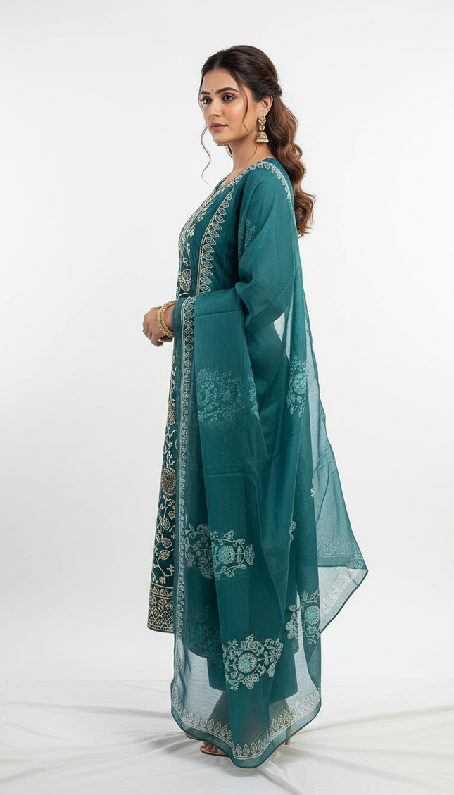 Teal Green Embroidered Kurta Set with Dupatta | Festive Ethnic Wear for Women|SC12_1