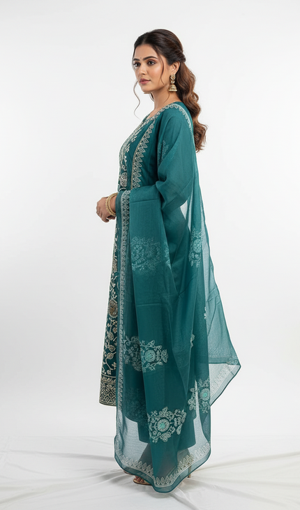 Teal Green Embroidered Kurta Set with Dupatta | Festive Ethnic Wear for Women|SC12_1