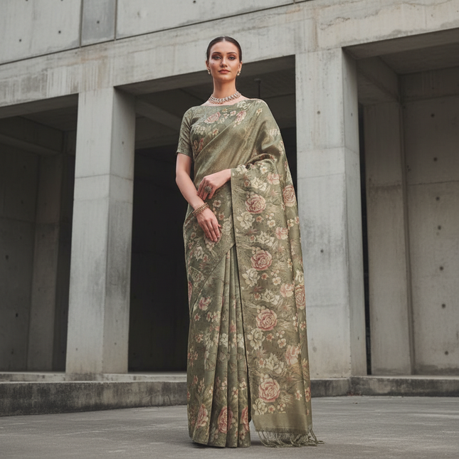 Sage Green Designer Organza Tissue Silk Saree with Floral Print & Blouse |DS25