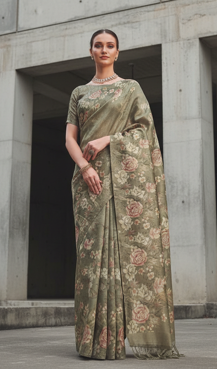 Sage Green Designer Organza Tissue Silk Saree with Floral Print & Blouse |DS25