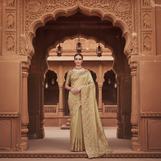 Pistachio Green Organza Tissue Silk Floral Designer Saree with Blouse |DS25