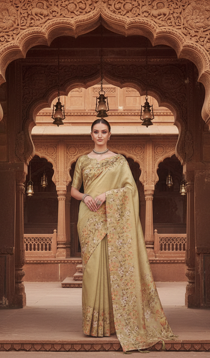 Pistachio Green Organza Tissue Silk Floral Designer Saree with Blouse |DS25