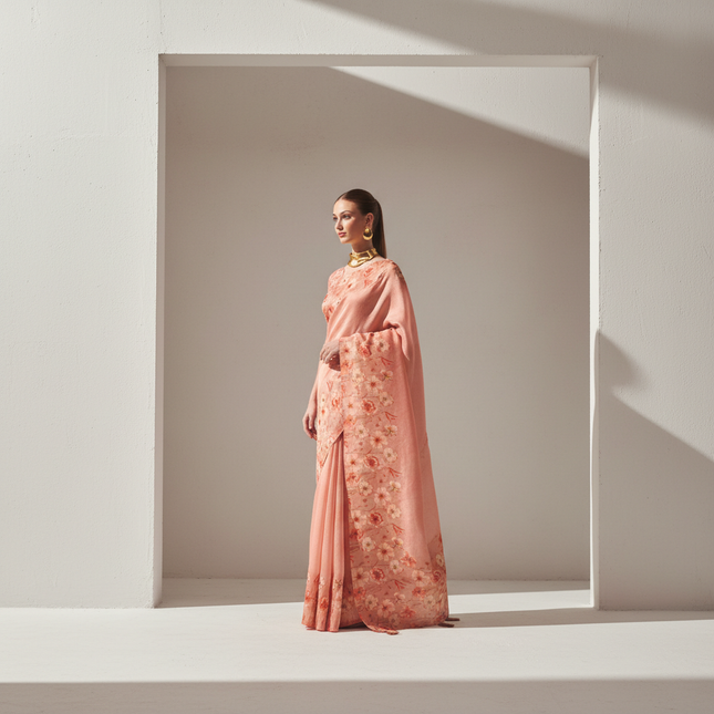 Peach Blush Organza Tissue Silk Floral Printed Saree with Blouse |DS25