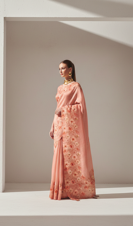 Peach Blush Organza Tissue Silk Floral Printed Saree with Blouse |DS25