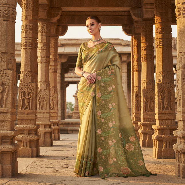 Green Designer Organza Tissue Silk Floral Saree with Blouse |DS25