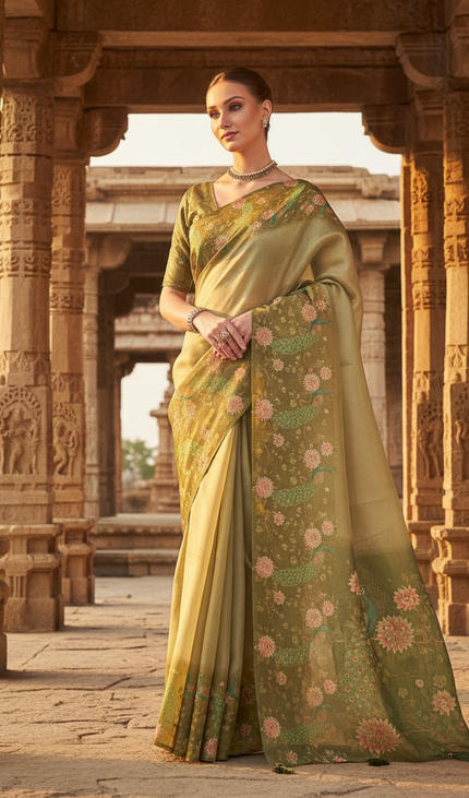 Green Designer Organza Tissue Silk Floral Saree with Blouse |DS25