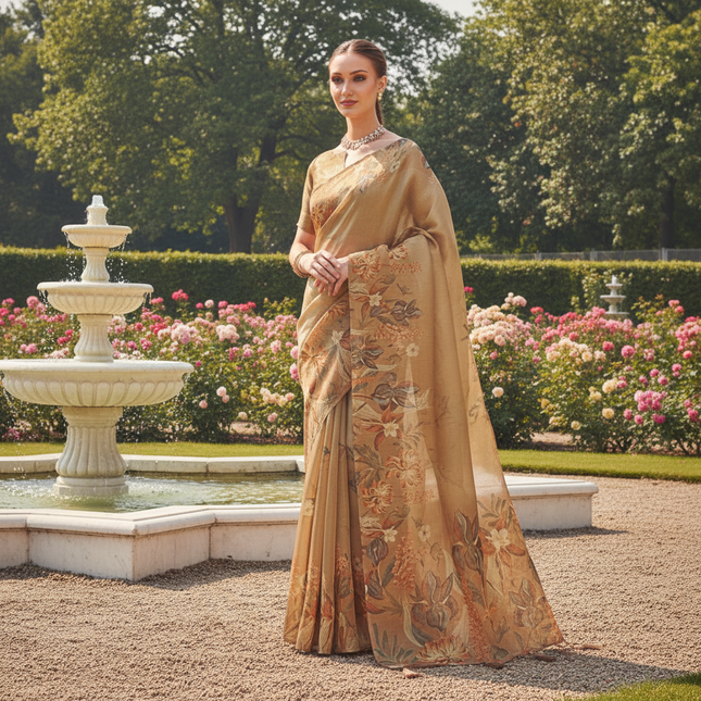 Mustard Gold  Designer Organza Tissue Silk Floral Saree with Blouse |DS25