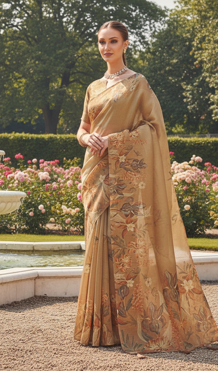 Mustard Gold  Designer Organza Tissue Silk Floral Saree with Blouse |DS25