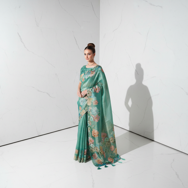 Blue Designer Organza Tissue Silk Floral Saree with Blouse |DS25