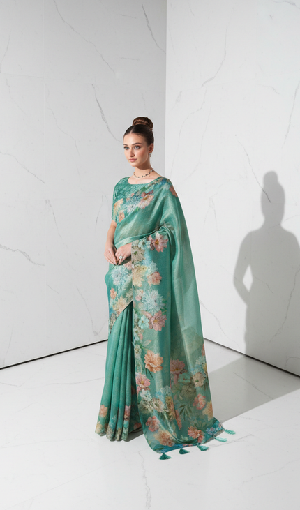 Blue Designer Organza Tissue Silk Floral Saree with Blouse |DS25