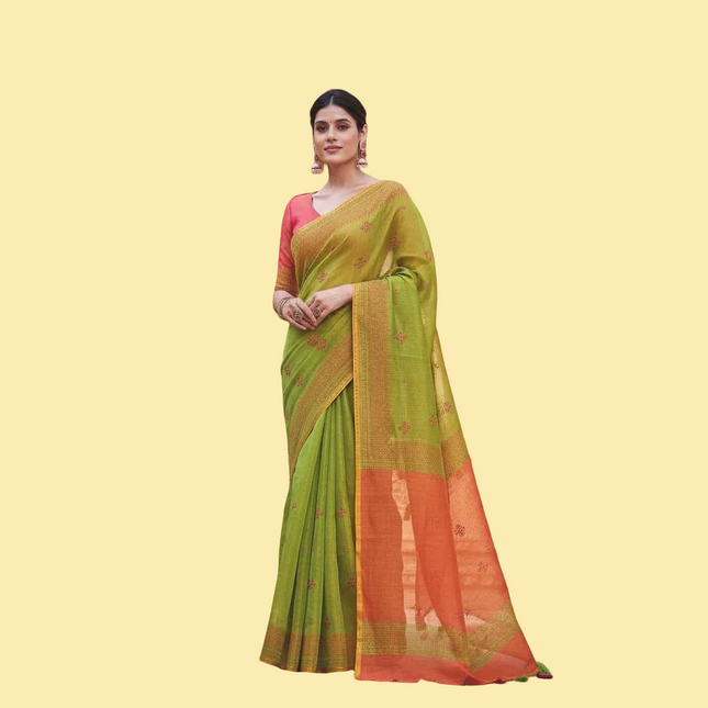 Green Tissue Silk Office Wear Saree with Contrast Orange Pallu & Zari Border |DS29_3