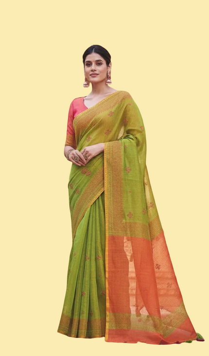 Green Tissue Silk Office Wear Saree with Contrast Orange Pallu & Zari Border |DS29_3