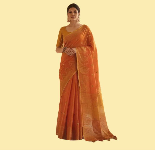 Orange Tissue Silk Saree with Gold Zari Motifs & Contrast Pallu |DS29_1