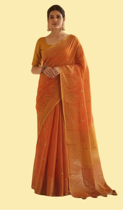 Orange Tissue Silk Saree with Gold Zari Motifs & Contrast Pallu |DS29_1