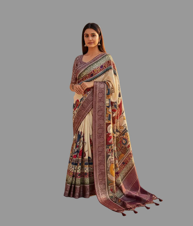 Off White Cotton Silk Designer Saree with Traditional Print Border |DS30|