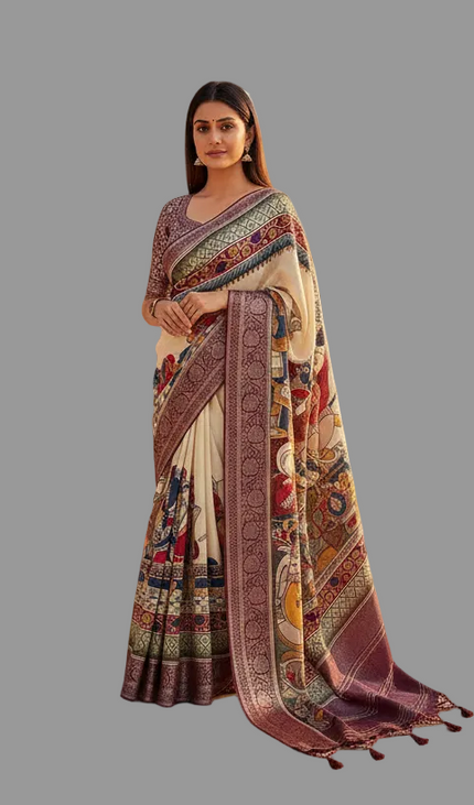 Off White Cotton Silk Designer Saree with Traditional Print Border |DS30|