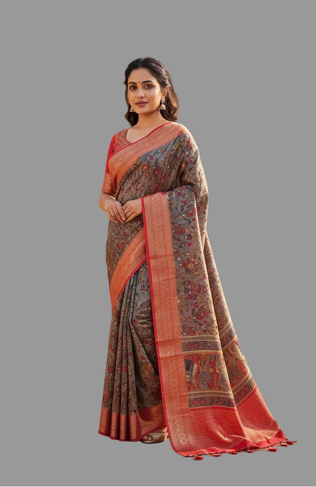 Grey Cotton Silk Designer Saree with Red Zari Border & Printed Motifs |DS30|