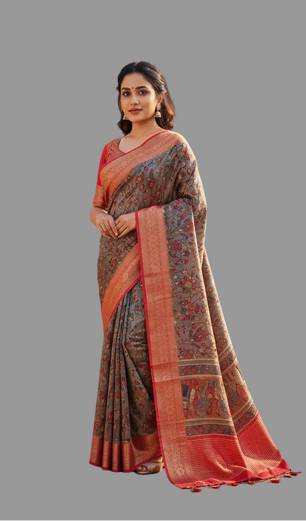 Grey Cotton Silk Designer Saree with Red Zari Border & Printed Motifs |DS30|