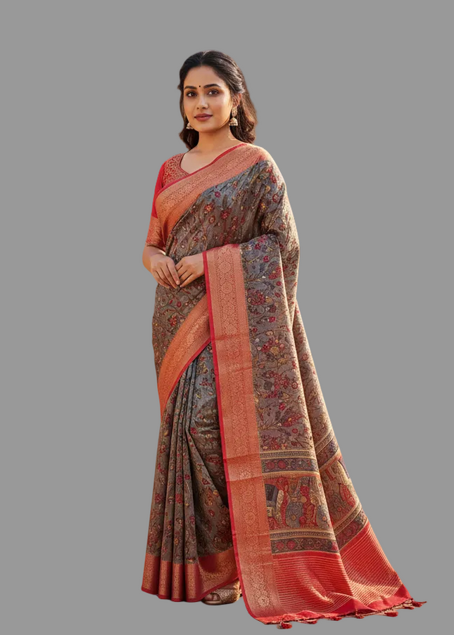 Grey Cotton Silk Designer Saree with Red Zari Border & Printed Motifs |DS30|