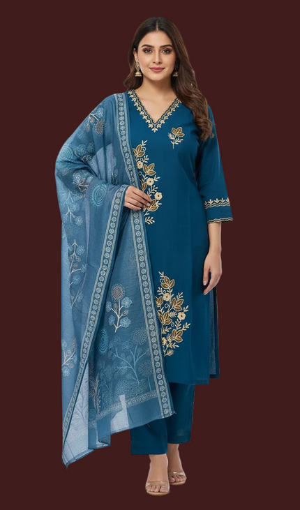 Navy Blue Gold Thread Floral Bouquet Embroidered Kurta Set with Jacquard Dupatta |SC16_2